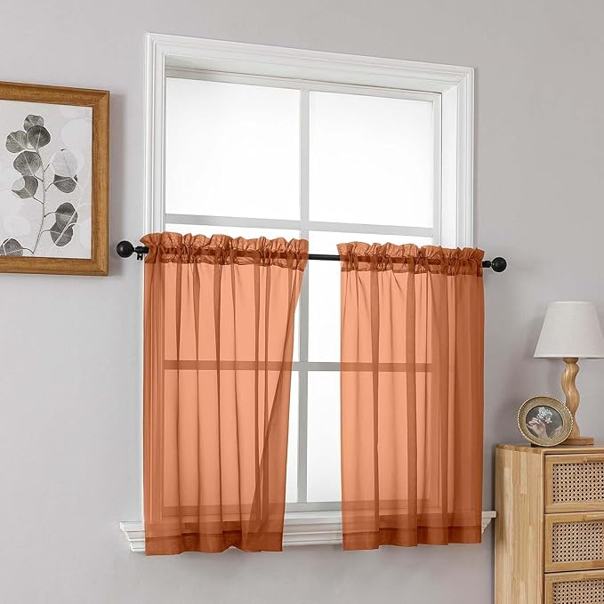 Orange Sheer Curtains Tier 30 Inches Length 2 Panels Set, Light Filtering Lightweight Soft Window Treatments Drapes, Cute Elegant Cafe Curtains for Nursery, Dual Rod Pocket, 2x42Wx30L Inches