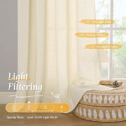 LAMIT 48 Inch Short Window Linen Curtains, Light Beige Soft Thick Light Filtering Panels Rod Pocket Neutral Privacy Faux Linen Drapes for Bedroom/Bathroom/Loft Room, 2 Panels, 42 x 48 Inch