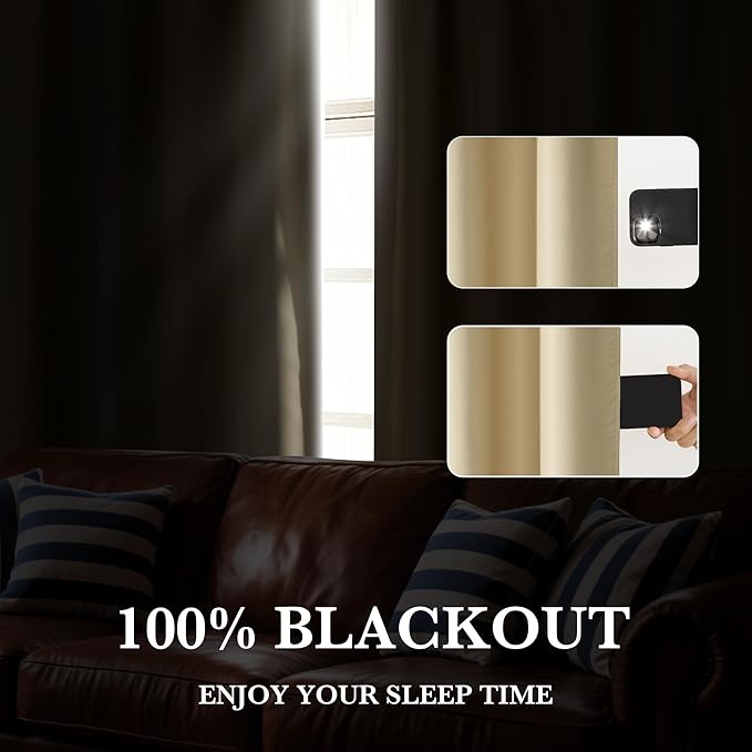 RYB HOME Bedroom Blackout Curtains 63 inches Long, 100% Blackout Thermal Insulated Noise Reducing Curtains for Living Room Nursury, 34 inches Wide by 63 inches Long, Biscotti Beige