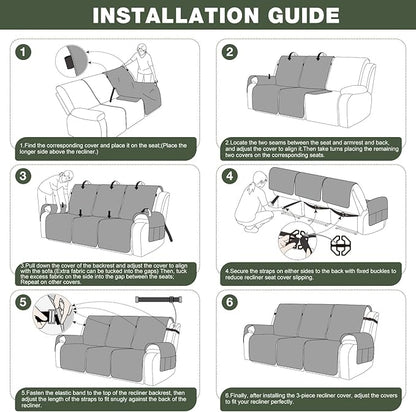 TAOCOCO 100% Waterproof Recliner Sofa Cover, Non Slip Split Couch Covers for Reclining Couches with Elastic Strap, Washable Reclining Sofa Cover Furniture Protector for Kids Pets(3 Seater, Bean Green)