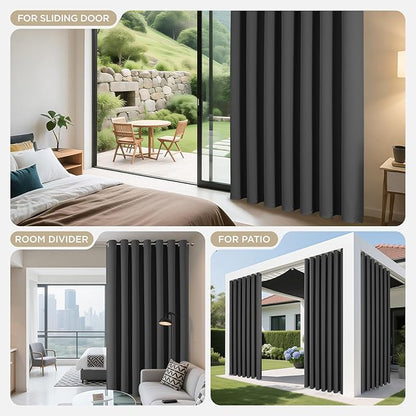 Joydeco Blackout Patio Sliding Door Curtains 84 Inches Long, Grommet Privacy Room Divider Curtains, Extra Wide Thermal Blackout Drapes for Bedroom Living Room (Grey, 100Wx84L, 1 Panel)