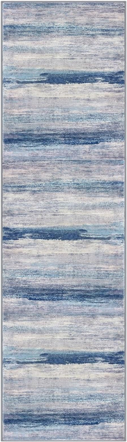KOZYFLY Modern Abstract Washable Rug Runner 2x7 Hallway Runner Rug Non-Slip Soft Kitchen Runner Rugs, Print Blue/Grey/Beige Striped Carpet Runner for Entryway Bathroom Laundry Room Foyer
