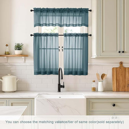 Valances for Windows 14 inch Length 2 Panels, Small Voile Sheer Curtains for Bathroom, Soft Fabric Lightweight Light Filtering Kitchen Curtains, Dual Rod Pocket, Dusty Blue, 2x42Wx14L Inches