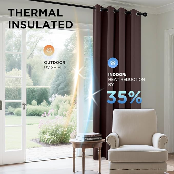 Joydeco Blackout Curtains 90 Inches Long 1 Panel, Thermal Insulated Long Curtains& Drapes 1 Piece, Room Darkening Grommet Drapes for Living Room Bedroom Window (W70 x L90 Inch, Chocolate)