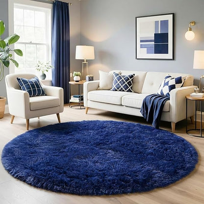 Navy Blue Round Rugs 5Ft for Boys Bedroom, Fluffy Circle Area Rug for Kids, Living Room Decor Aesthetic, Shag Fur Throw Royal Dark Blue Carpet for Baby Nursery, Shaggy Thick Fuzzy Floor Carpets