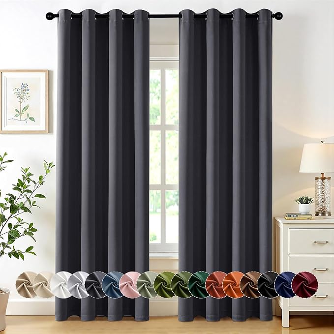 MIULEE Dark Grey Blackout Curtains for Bedroom Living Room 84 Inches Long 2 Panels, Thermal Insulated Room Darkening Drapes Solid Grommet Noise Reduction Light Blocking Window Treatments 50x84 Inch