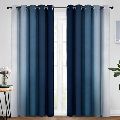 Yakamok Blue Ombre Curtains Room Darkening Grommet Curtains for Bedroom, Light Blocking Thermal Insulated Window Drapes for Living Room(2 Panels, 62x96 Inch)