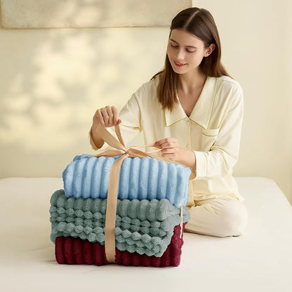 HIMEET Light Blue Ribbed Twin Blanket for Bed - 300GSM Lightweight Fleece Blanket for Men Women, Blankets Graduation Birthday Gifts, Striped Spring Home School Dorm Decor, Light Blue, 60x80 Inches