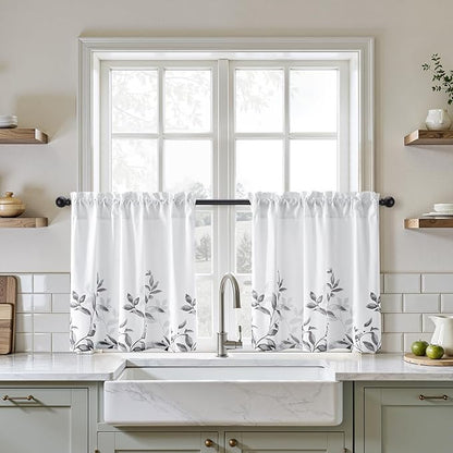HOMEIDEAS Kitchen Curtains, Short Non-See-Through Privacy 30X24 Inch Length Tier Curtains, Grey and White Leaf Floral Printed Light Filtering Semi Sheer Small Window Drapes for Bathroom Cafe, 2 Panels