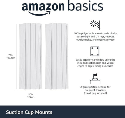 Amazon Basics Portable Blackout Curtain Shade with Suction Cups, Noise Reducing, Energy Saving, 50"W x 78"L, White, 2-Pack