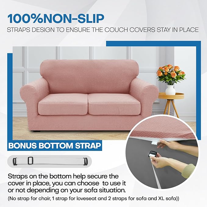 XINEAGE New 4 Pieces Extra Large Couch Covers for 3 Cushion Sofa Super Stretch Sofa Cover for 3 Large Seat Cushion Universal Slip Cover for Living Room (Dusty Pink), 91"-110"(3 Cushions)