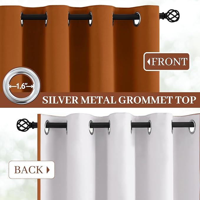 Yakamok Room Darkening 100% Blackout Curtains Grommet Window Treatments with 2 Thick Layers-Burnt Orange Thermal Insulated Drapes Set of 2 Panels for Bedroom Living Room 52 Inches by 72 Inches Length