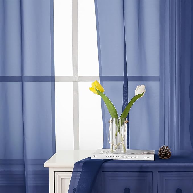 Lecloud Royal Blue Sheer Curtains 45 Inch Length 2 Panels, Voile Rod Pocket Curtain Drapes for Small Windows, Modern Farmhouse Curtains for Bedroom Bathroom Basement, Each Panel 42 X 45 Inch