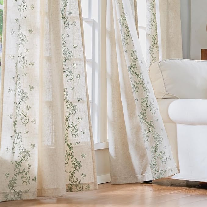jinchan Evelyn Embroidered Linen Curtains for Living Room Elegant Farmhouse Semi Sheer Light Filtering Curtains 84 inches Long Cottage Sage Green Floral Window Drapes Rod Pocket Back Tab 2 Panels