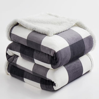 PU MEI Sherpa Blanket Fleece Throw Blanket Full Queen Plaid Thick Bed Blanket, Soft Warm Cozy Dark Grey Checkered Throw Blanket 80"*90"