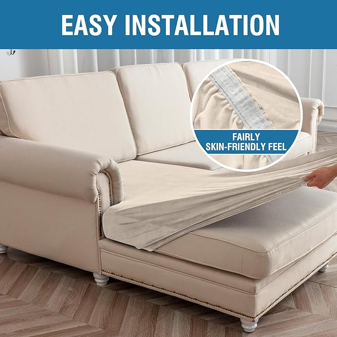 Couch Cover 3-Piece Elastic Velvet Couch Cushion Covers & Chaise Slipcovers for L-Shaped Sofas - Sofa Seat Covers Washable, Soft Protector for Couches (2 Seater + Chaise, Cream)