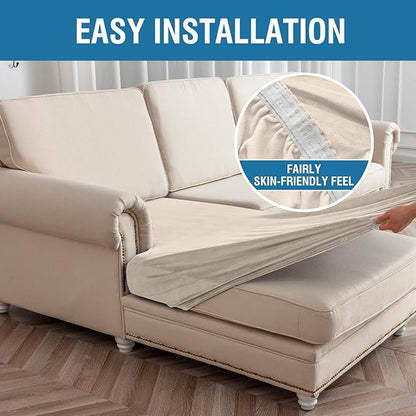 Couch Cover 3-Piece Elastic Velvet Couch Cushion Covers & Chaise Slipcovers for L-Shaped Sofas - Sofa Seat Covers Washable, Soft Protector for Couches (2 Seater + Chaise, Cream)