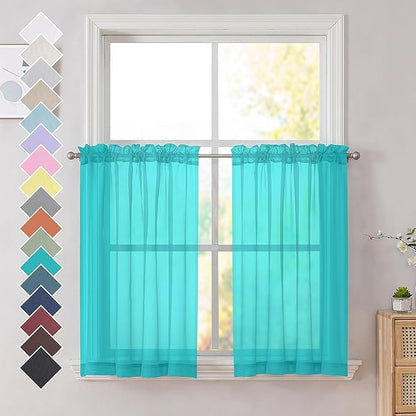 OVZME Turquoise Sheer Curtains 36 inches Long, Short Kitchen Window Treatment Solid Sheers Cafe Curtains Bathroom Voile Half Window Curtains 2 Panels, Rod Pocket, 42" Wx36 L