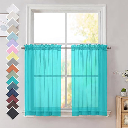 OVZME Turquoise Sheer Curtains 36 inches Long, Short Kitchen Window Treatment Solid Sheers Cafe Curtains Bathroom Voile Half Window Curtains 2 Panels, Rod Pocket, 42" Wx36 L