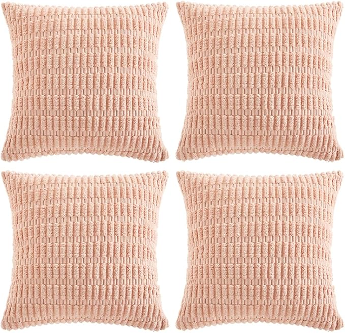 Fancy Homi 4 Packs Boho Pink Decorative Throw Pillow Covers 14x14 Inch for Living Room Couch Bed Sofa, Rustic Modern Farmhouse Home Decor, Soft Plush Corduroy Cute Square Cushion Case 35x35 cm
