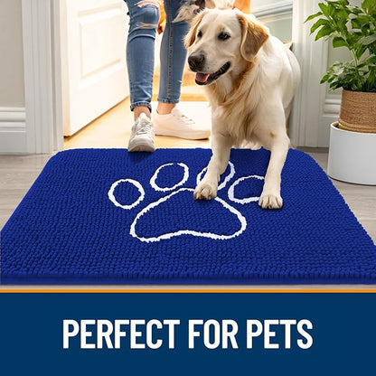 OLANLY Dog Door Mat for Muddy Paws 30x20, Paw Print Design, Absorbs Moisture and Dirt, Non-Slip Washable Doormat, Quick Dry Chenille Mud Mat for Dogs, Entry Indoor Entryway Carpet, Royal Blue