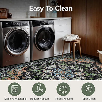 Lofus 9x12 Area Rugs for Living Room, Machine Washable Area Rug, Soft Large Rugs for Bedroom, Kitchen, Office and Indoor, Vintage Boho Carpet, Non-Slip Low Pile Carpets, Dark Green