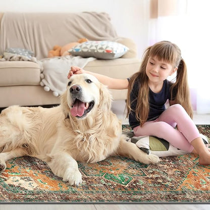 Yamaziot Washable Area Rug for Bedroom, 3x5 Non-Slip Boho Vintage Living Room Rug with Rubber Backing, Low Pile Faux Wool Soft Distressed Rug Floor Carpet for Living Room, Laundry, Kid Playroom