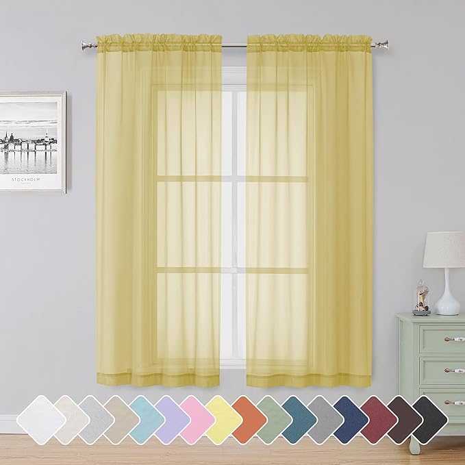 Simplebrand Yellow Sheer Curtains 63 Inch Length 2 Panels, Rod Pocket Solid Color Window Sheer Curtain Panels, Elegant Curtains & Drapes for Living Room, Bedroom (42" W x 63" L)