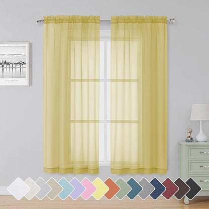 Simplebrand Yellow Sheer Curtains 63 Inch Length 2 Panels, Rod Pocket Solid Color Window Sheer Curtain Panels, Elegant Curtains & Drapes for Living Room, Bedroom (42" W x 63" L)