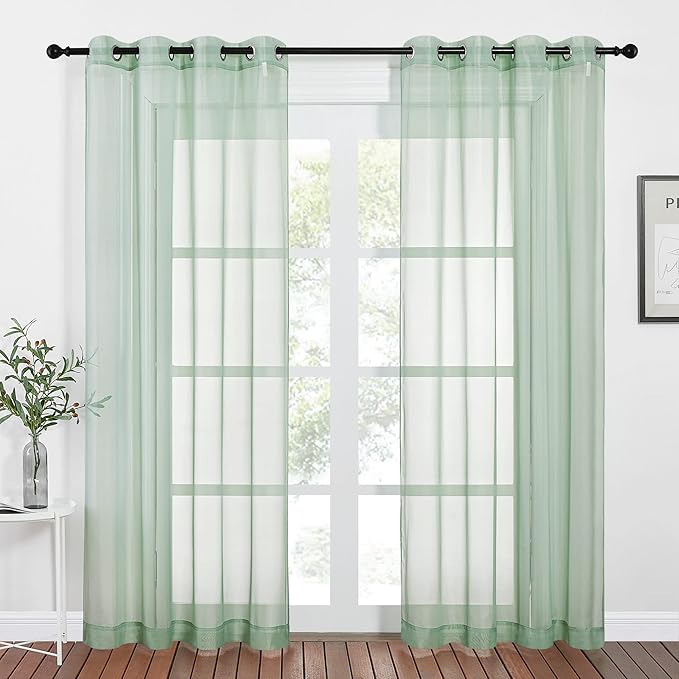 NICETOWN Sheer Window Curtains for Farmhouse, Ring Top Voile Textured Window Treatment Vertical Panels for Study Room/Bedroom/Living Room, Sage Green, W54 x L84, 2 Panels