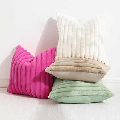decorUhome Summer Cozy Faux Fur Throw Pillow Covers 20x20 Set of 2 Decorative Soft Plush Striped Modern Farmhouse Boho Couch Pillow Cases with Velvet Back for Sofa Bed Living Room, Sage Green