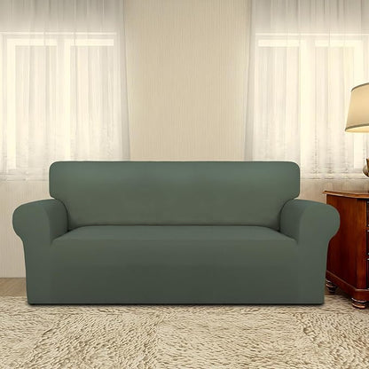 PureFit Super Stretch Sofa Slipcover – Spandex Non Slip Soft Couch Sofa Cover, Washable Furniture Protector with Non Skid Foam and Elastic Bottom for Kids, Pets (Oversized Loveseat, Greyish Green)