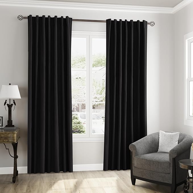 Guken Black 100% Blackout Linen Curtains 102 Inch Length 2 Panels Set for Living Room Bedroom Back Tab Thermal Insulated Black Out Drapes Room Darkening Window Curtains,52x108