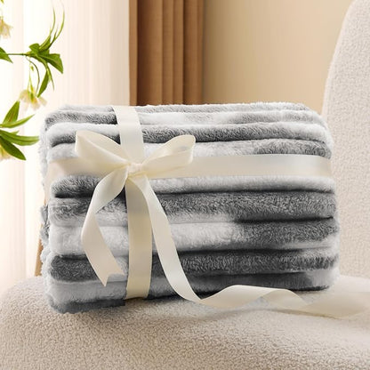 BEDELITE Twin Blanket for Couch & Bed, 300GSM Soft & Warm Fleece Blanket, Decorative and Giftable Striped Tie-dye Grey Blankets for Women, Men, 60"x80"
