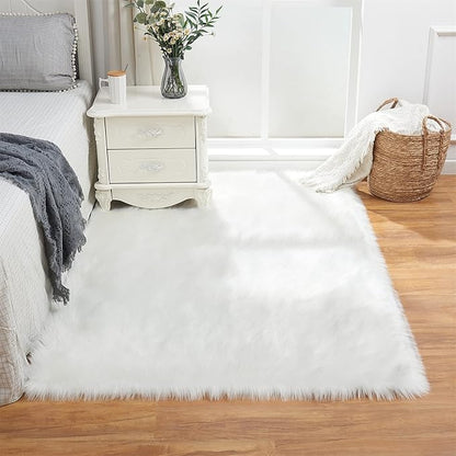 EasyJoy Ultra Soft Fluffy Shaggy Area Rug Faux Fur Rug Chair Cover Seat Pad Fuzzy Area Rug for Bedroom Floor Sofa Living Room (4 x 6 ft Rectangle, White)