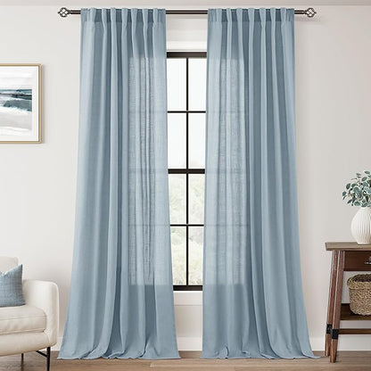Dusty Blue Linen Curtains for Living Room Back Tab Light Filtering Semi Sheer Light Blue Bedroom Curtains Linen Cotton Textured Grey Blue Drapery Panel Airy Modern Farmhouse Aesthetic Decor 52x96 Long