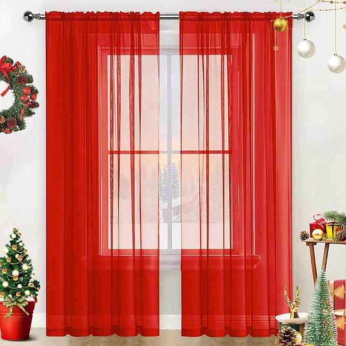 SpaceDresser Basic Rod Pocket Sheer Voile Window Curtain Panels White 1 Pair 2 Panels 38 Width 72 Inch Long for Kitchen Bedroom Children Living Room Yard(Red,38 W x 72 L)