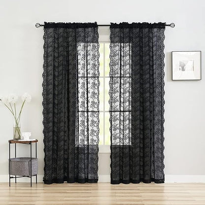 YJ YANJUN Vintage Lace Curtains 72 inch Length Goth Black Floral Sheer Sidelight Curtains for Front Door Coffin/Dark/Halloween/Spooky/Skull/Moody/Witch/Creepy Room Decor 52" W x 72" L