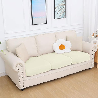 hyha Milk Silk Couch Cushion Covers, Soft Magic Sofa Covers Washable for 3 Cushion Couch, Stretch Sectional Outdoor Cushion Covers for Patio Furniture with Elastic Bottom(3 Packs, Cream)