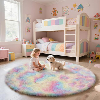 yulidayang Rainbow Fluffy Round Area Rugs for Bedroom,5'X5'Shag Circle Area Rugs for Girls Room,Non Slip Fuzzy Plush Rug for Kids Room Living Room and Dorm Home Decor Rug