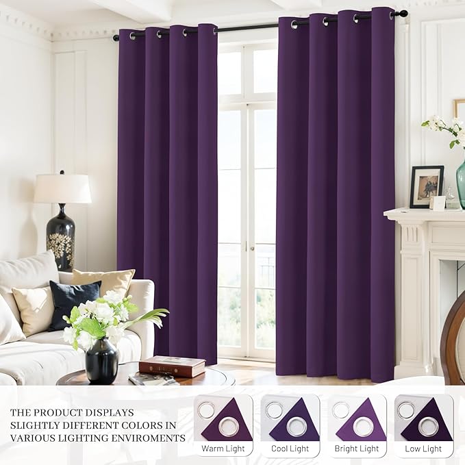 Yakamok Room Darkening 100% Blackout Curtains Grommet Window Treatments with 2 Thick Layers-Purple Thermal Insulated Drapes Set of 2 Panels for Bedroom Living Room 52 Inches by 63 Inches Length