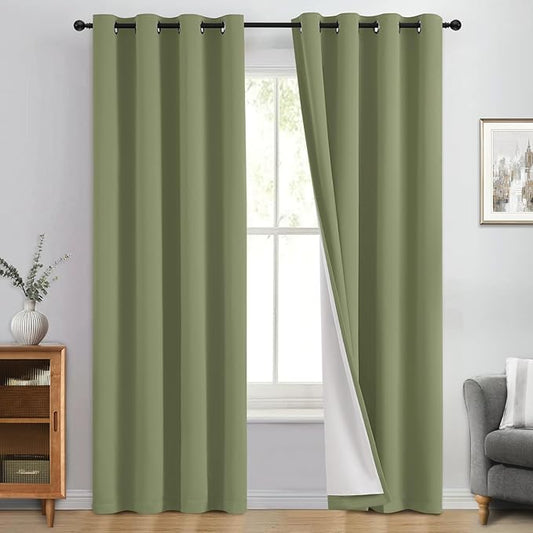 Yakamok 100% Blackout Curtain Panels 96 inches Cold and Light Blocking Drapes for Nursery, 2 Thick Layers Thermal Insulated Draperies (2 Pieces, 50 Wide Each Panel, Sage Front with White Backing)