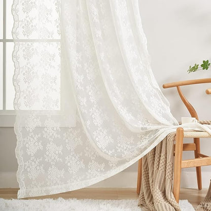 YJ YANJUN Vintage Lace Curtains 80 Inch Length Victorian Floral Cream Sheer Curtain Panels for Living Room 2 Panels Privacy Room Divider for Room Separation Country Farmhouse Decor Off White/Ivory