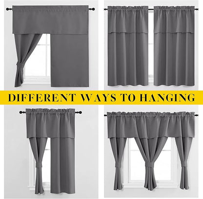 NICETOWN Short Curtains with Attached Valance for Small Window, Thermal Insulated Rod Pocket Room Darkening Curtains for Living Room, 52" Wide x 45" Long, 2 Panels, Grey