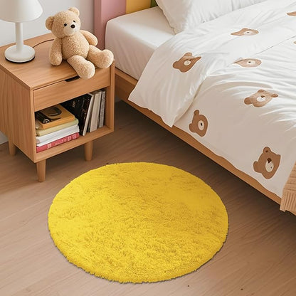 OLANLY Yellow Round Rugs for Bedroom - Machine Washable, 2 ft Circle Area Rugs for Living Room, Soft and Fluffy Shaggy Carpet for Teen Girl and Boys, Nursery Rooms, Dorms, Home Decor Aesthetic