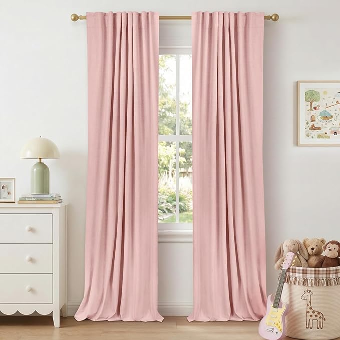100% Blackout Shield Linen Blackout Curtains for Bedroom 96 Inches Long, Back Tab/Rod Pocket Living Room Drapes, Thermal Insulated Blackout Curtains 2 Panels Set, 50" W x 96" L,Baby Pink
