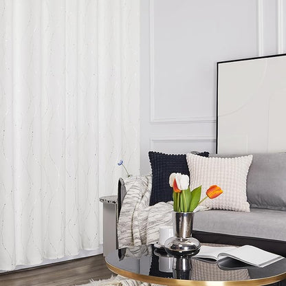 Deconovo Room Darkening Curtains, 38 x 90 Inch Drape for Sliding Door with Wave Dots Silver Print, Soundproof Thermal Insulated Curtain for Bedroom Living Room, Set of 2, Machine Washable, Pure White