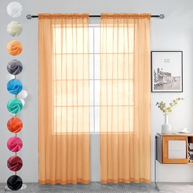 youleyar Solid Sheer Rod Pocket Curtain Voile Draperies 2 Panels White Beige Black Grey Coffee 52 Inch Width 96 Inch Long 1 Pair for Kitchen Bedroom Children Living Room Yard(Beige,52Wｘ96L)