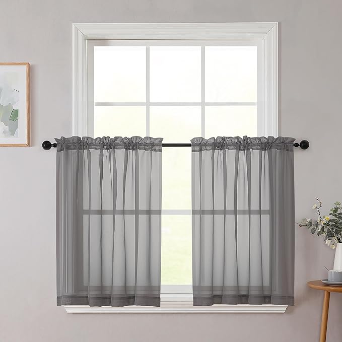 Grey Kitchen Curtains 30 Inch Length Tier 2 PCS, Solid Soft Half Curtains for Windows, Grey Sheer Rod Pocket Drapes for Bathroom Basement Small Window Curtain, 42" Wx30 L Inches