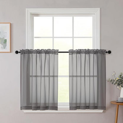Grey Kitchen Curtains 30 Inch Length Tier 2 PCS, Solid Soft Half Curtains for Windows, Grey Sheer Rod Pocket Drapes for Bathroom Basement Small Window Curtain, 42" Wx30 L Inches